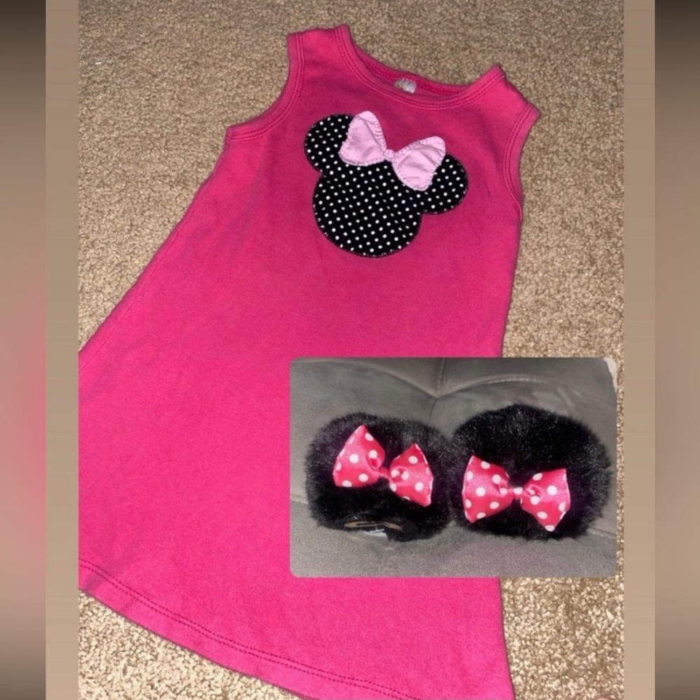 Girls Disney Minnie Dress & Minnie Ear Hair Clips. Pink Bow Minnie. Size 4-5